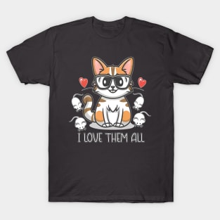 I Love Them All: Whimsical Cat Adventure in Vivid White, Blue, Gray, and Red T-Shirt